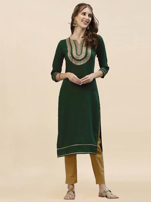 satrani green embroidered straight kurta