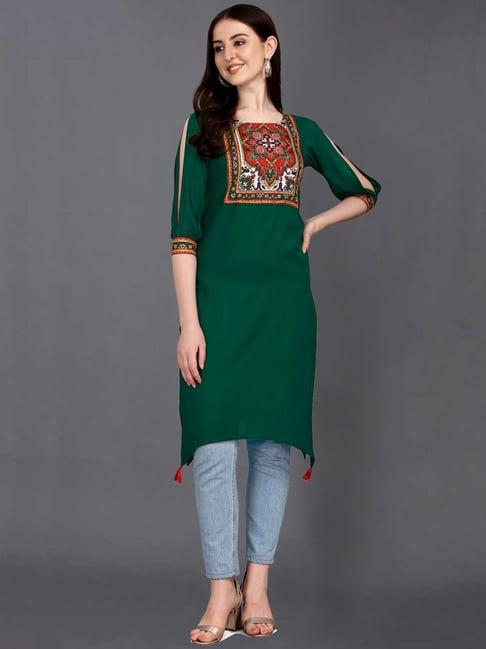 satrani green printed a line kurta