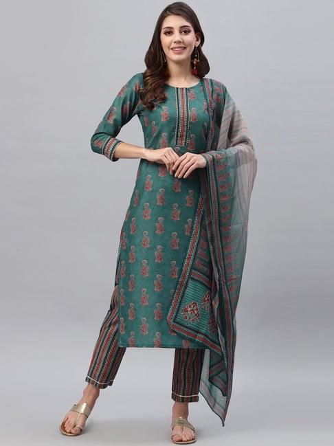 satrani green printed kurta pant set with dupatta