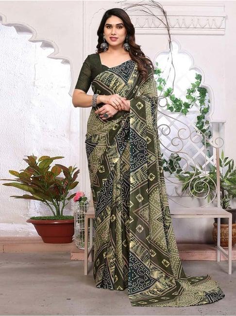 satrani green printed saree with unstitched blouse