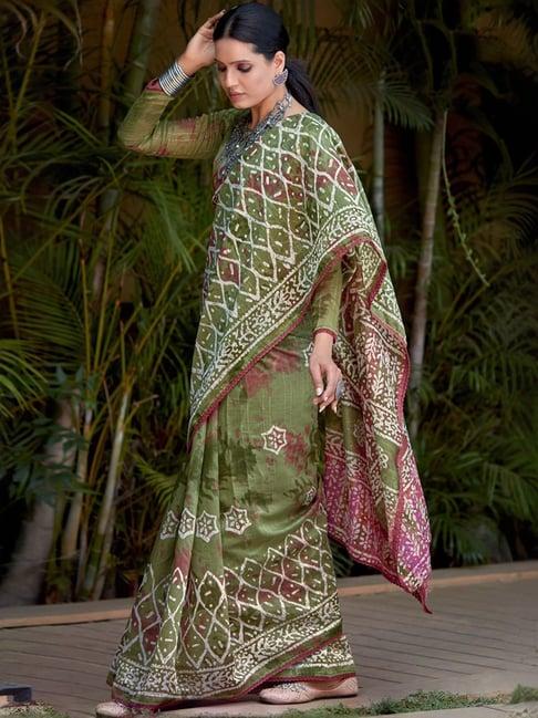 satrani green printed saree with unstitched blouse