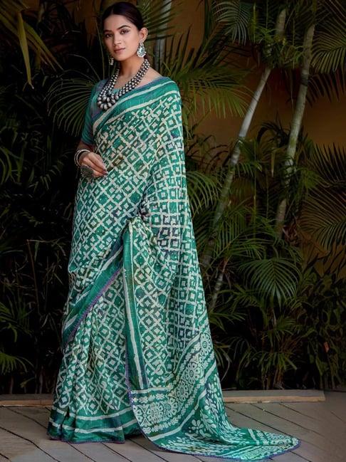 satrani green printed saree with unstitched blouse