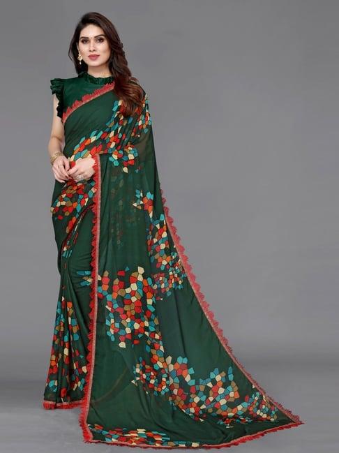 satrani green printed saree with unstitched blouse