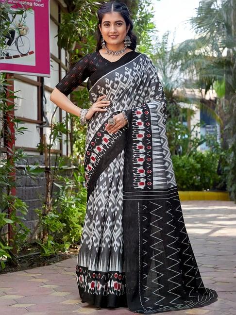 satrani grey & black cotton ikkat print saree with unstitched blouse