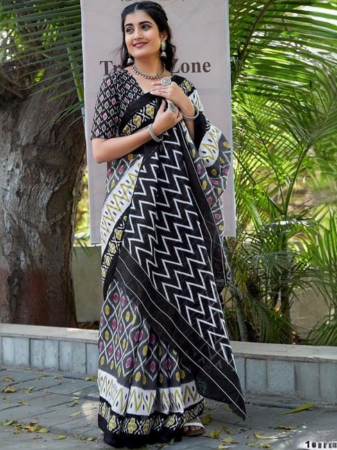 satrani grey & black cotton ikkat print saree with unstitched blouse