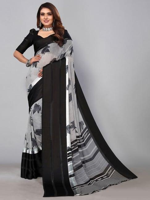 satrani grey & black printed saree with unstitched blouse