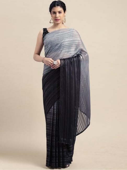 satrani grey & black striped saree with unstitched blouse