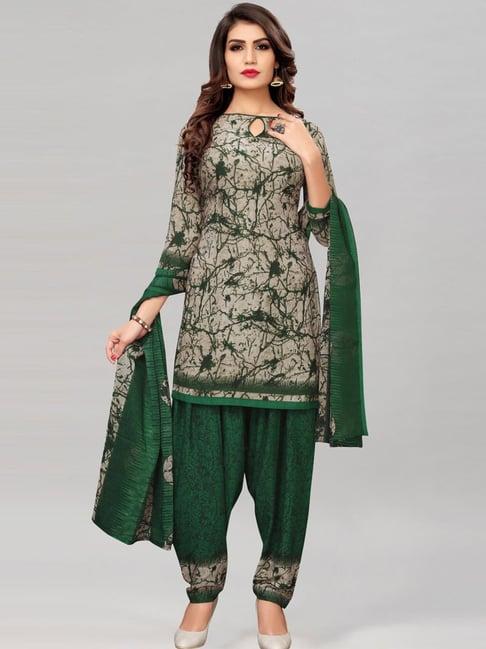satrani grey & green printed unstitched dress material