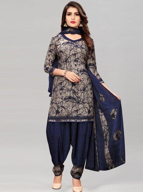 satrani grey & navy printed unstitched dress material