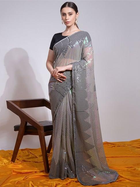 satrani grey embellished saree with unstitched blouse