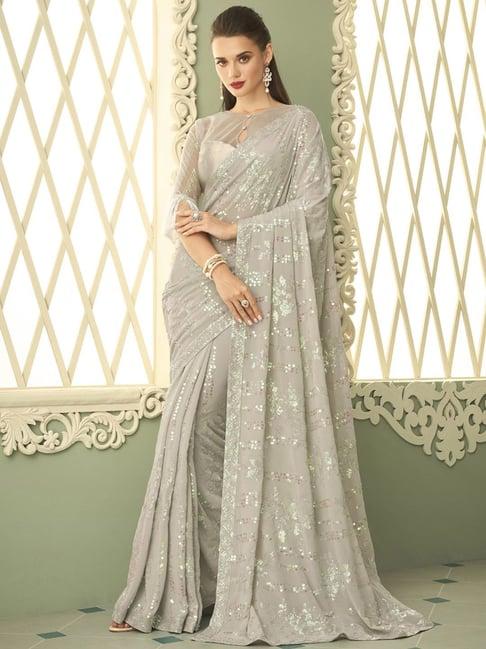 satrani grey embroidered saree with unstitched blouse