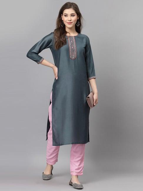 satrani grey embroidered straight kurta