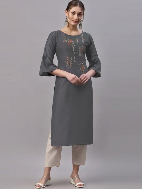 satrani grey embroidered straight kurta