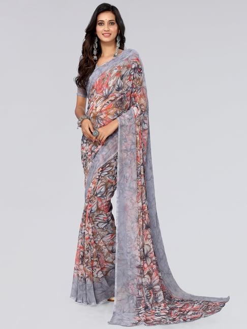 satrani grey floral print saree with unstitched blouse