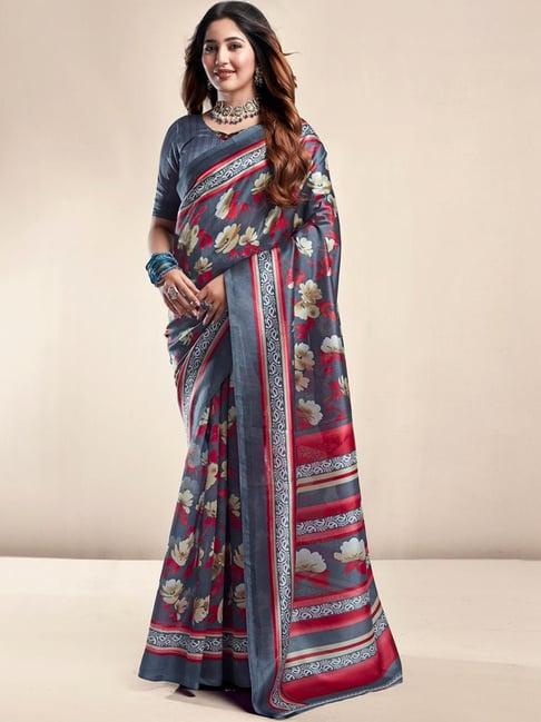 satrani grey floral print saree with unstitched blouse