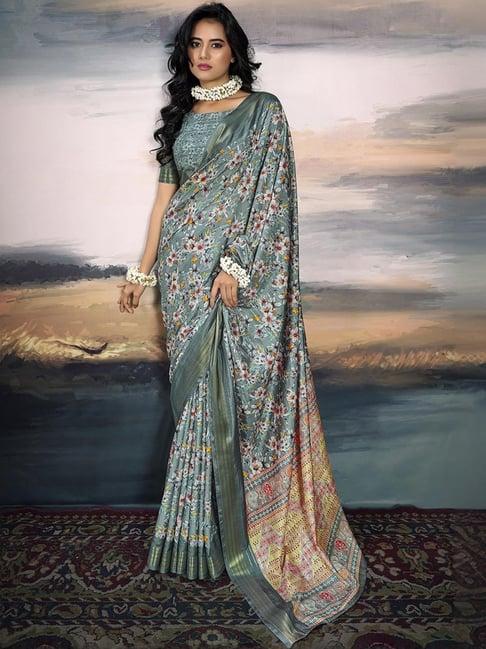satrani grey floral print saree with unstitched blouse