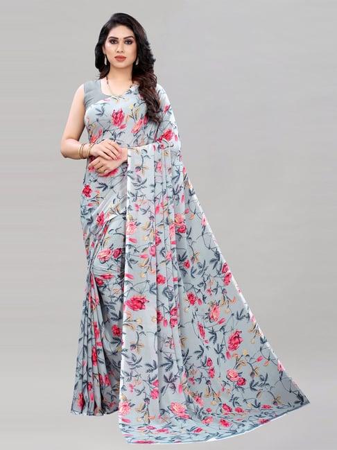 satrani grey georgette floral printed georgette saree with unstitched blouse piece