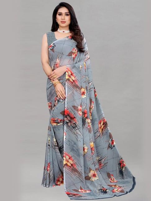 satrani grey georgette floral printed saree with unstitched blouse piece