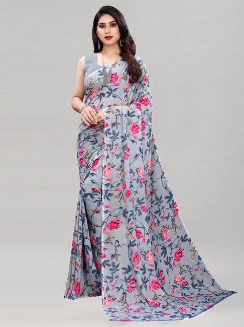 satrani grey printed saree with unstitched blouse piece