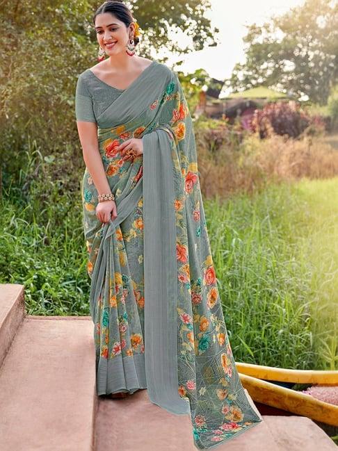 satrani grey printed saree with unstitched blouse