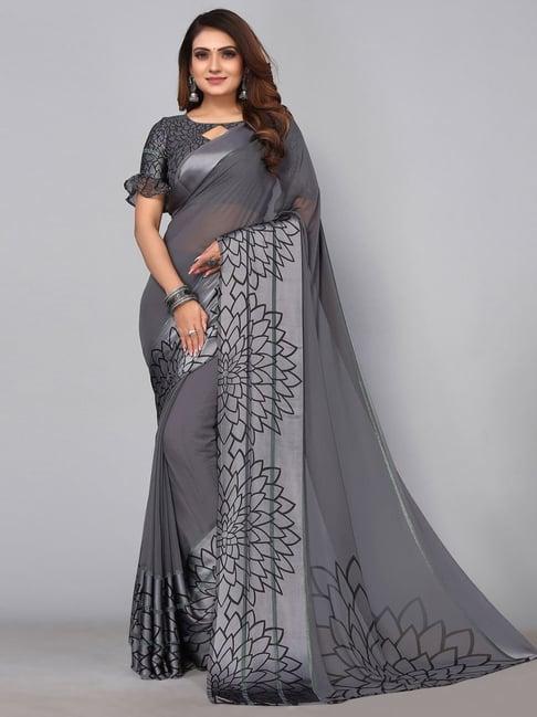 satrani grey printed saree with unstitched blouse