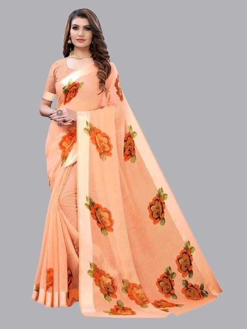 satrani light orange floral saree with unstitched blouse piece