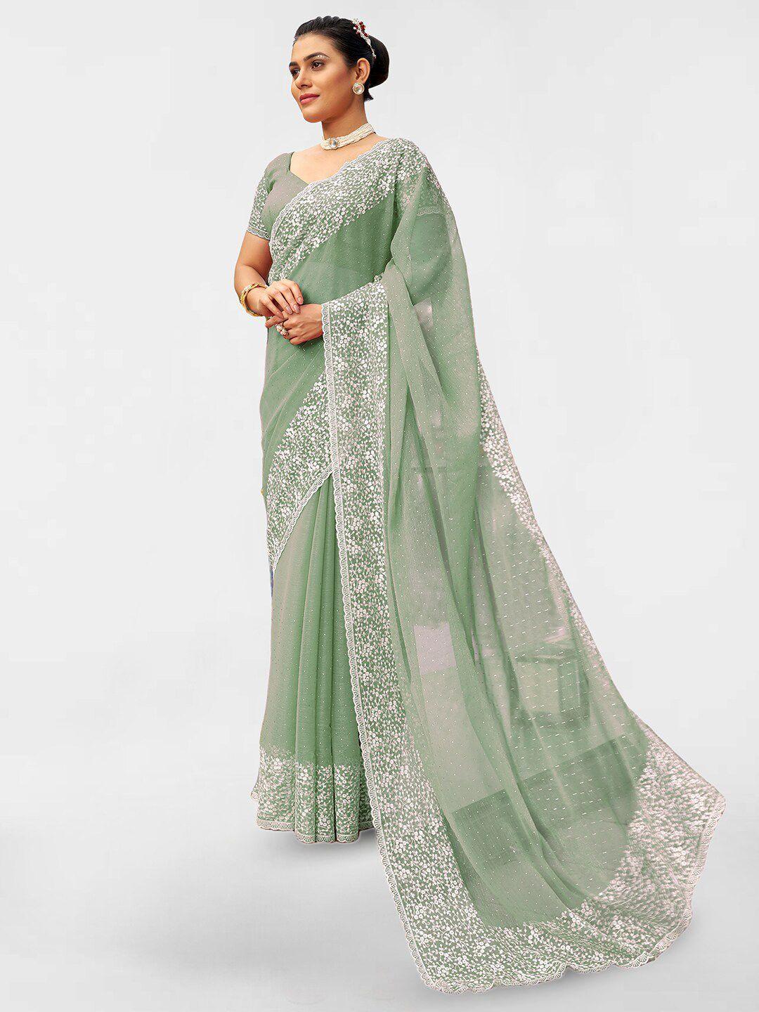 satrani lime green & white ethnic motifs embroidered poly chiffon saree