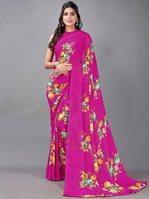 satrani magenta floral print saree with unstitched blouse