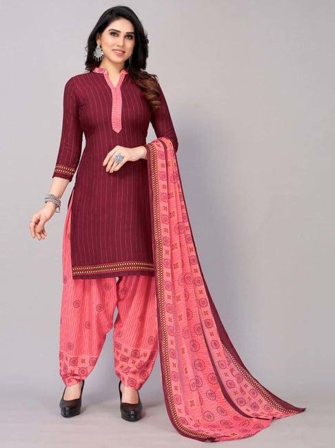 satrani maroon & pink printed unstitched dress material