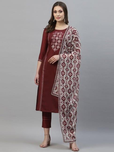 satrani maroon embroidered kurta pant set with dupatta