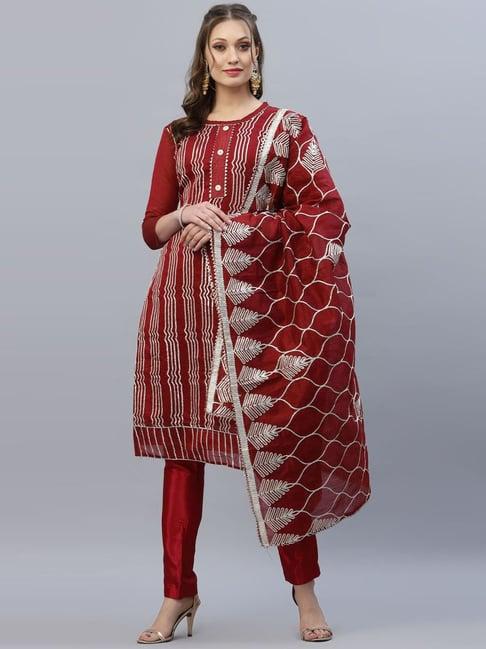 satrani maroon embroidered unstitched dress material