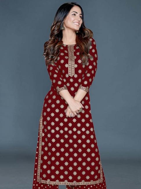 satrani maroon floral print straight kurta