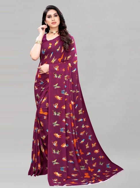 satrani maroon georgette butterfly printed saree with unstitched blouse piece