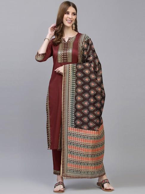 satrani maroon printed kurta pant set with dupatta