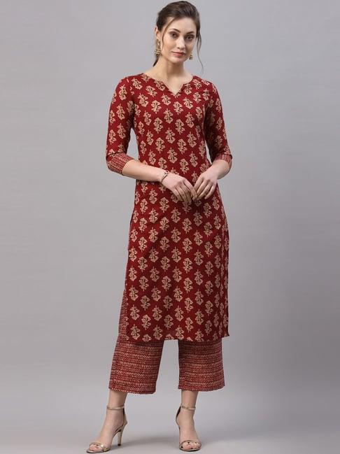 satrani maroon printed kurta pant set