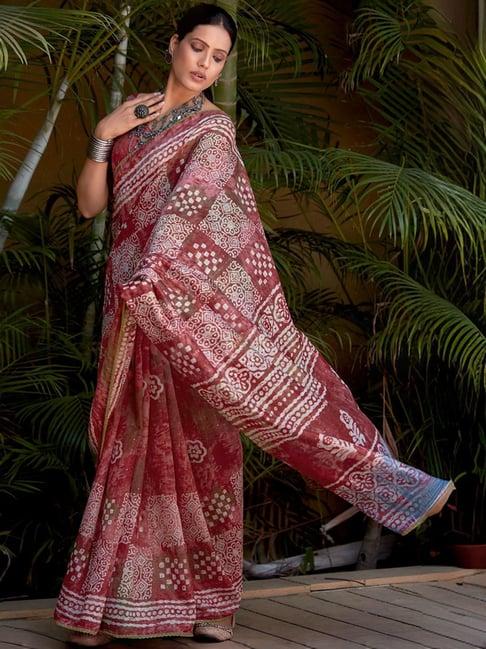 satrani maroon printed saree with unstitched blouse