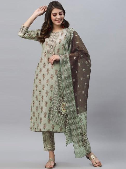 satrani mint green printed kurta pant set with dupatta