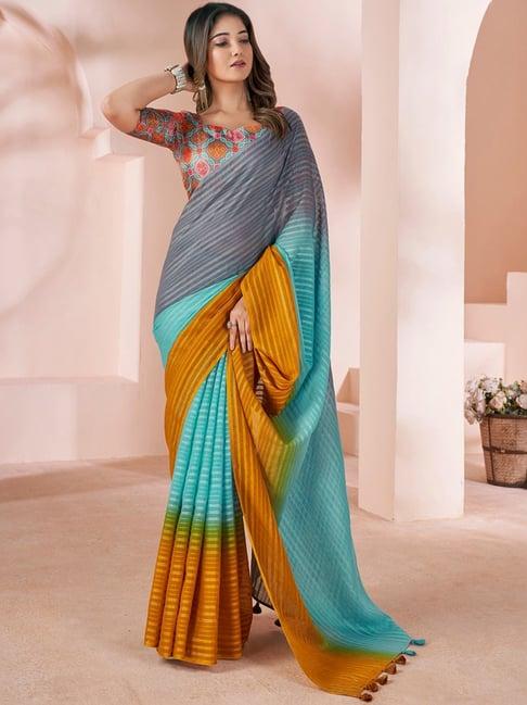 satrani multicolored linen striped saree with unstitched blouse