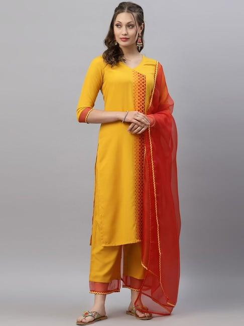 satrani mustard embroidered kurta palazzo set with dupatta