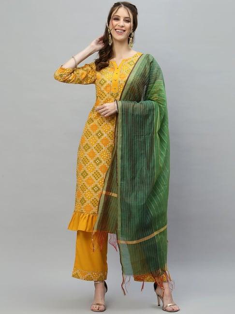 satrani mustard printed kurta palazzo set with dupatta