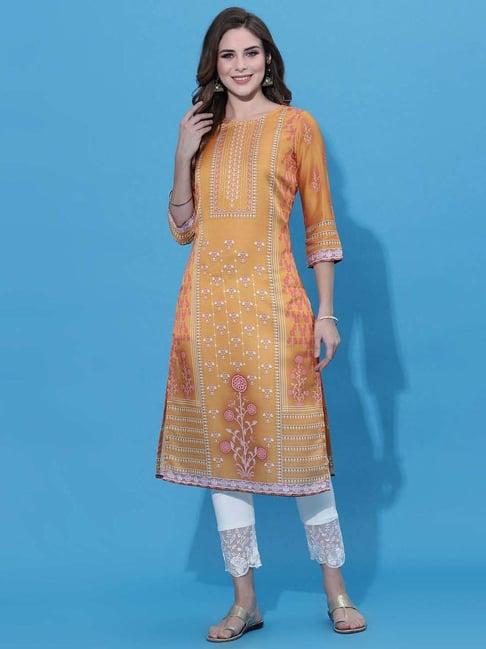 satrani mustard printed straight kurta