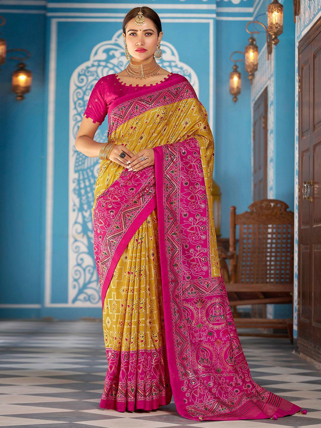 satrani mustrad & pink ethnic motifs printed sambalpuri saree