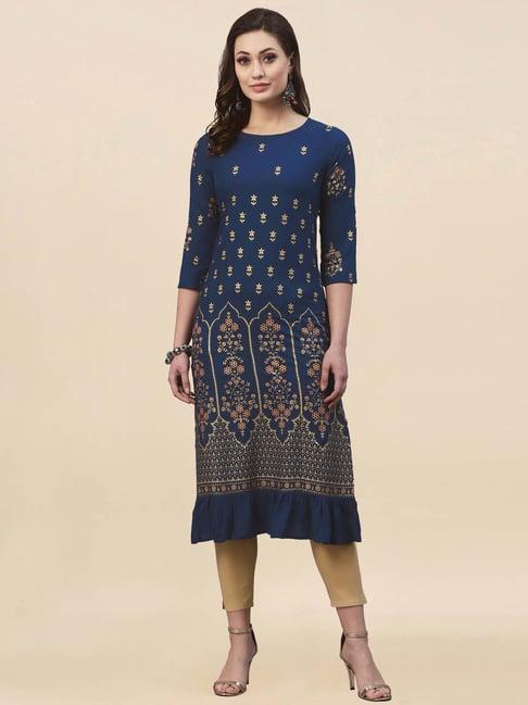 satrani navy floral print straight kurta