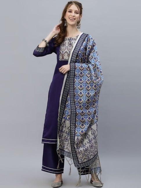 satrani navy printed kurta palazzo set with dupatta