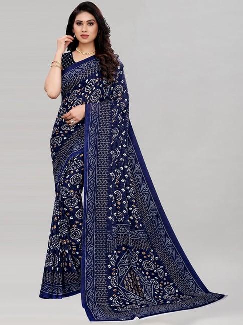 satrani navy printed saree with unstitched blouse