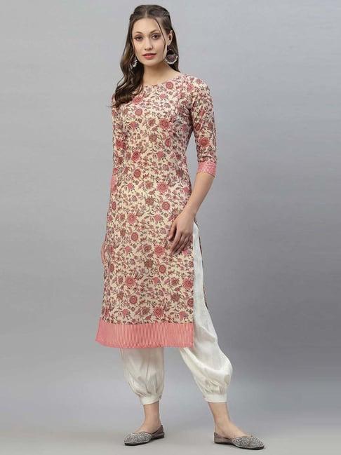 satrani off-white & pink floral print straight kurta