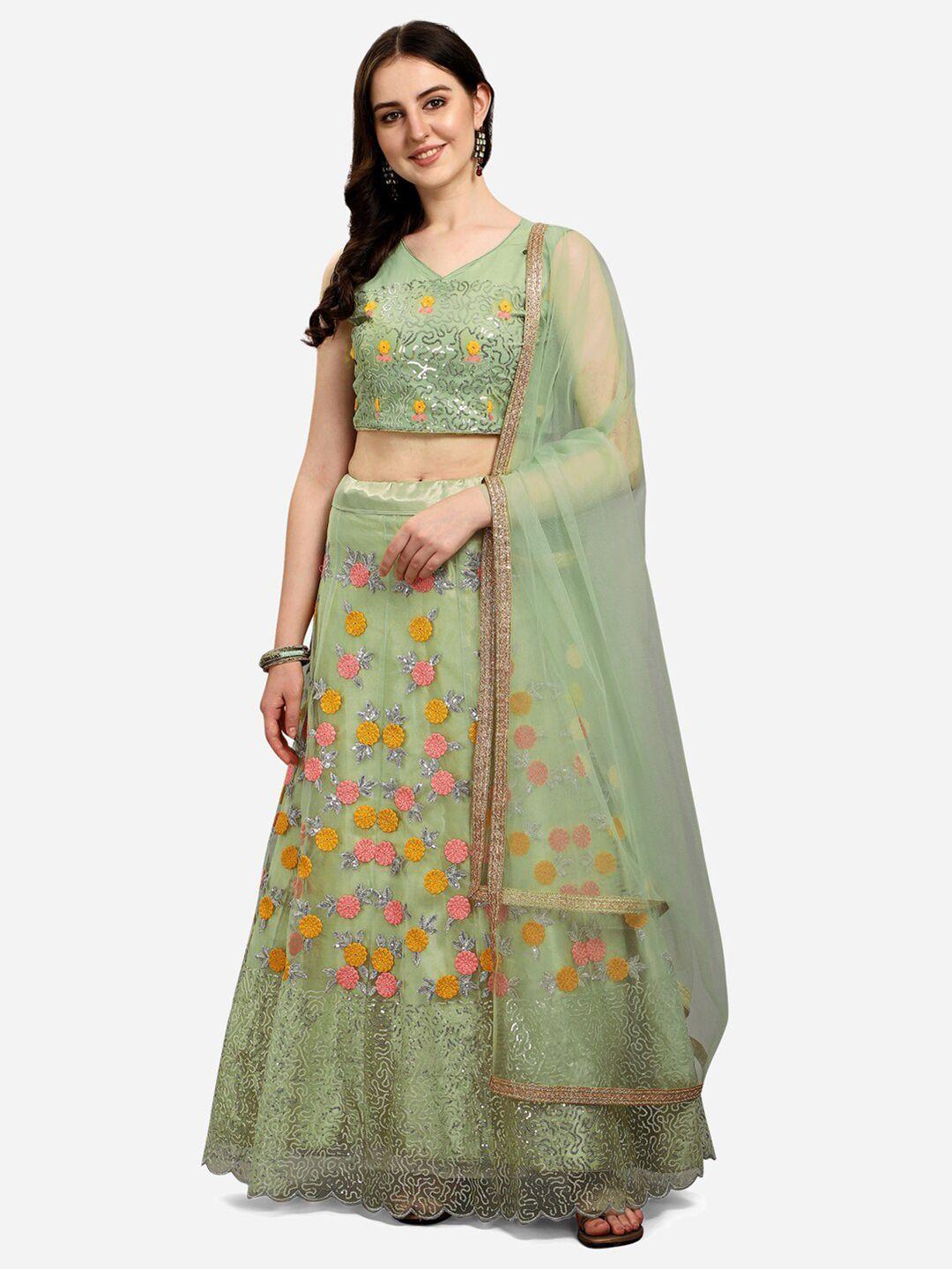 satrani olive green & pink embroidered semi-stitched lehenga & blouse with dupatta