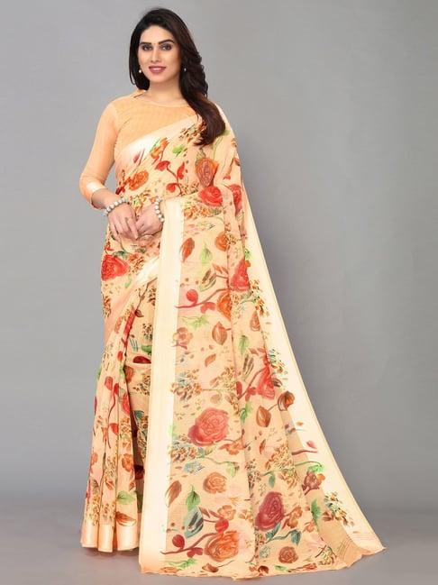 satrani orange floral print saree with unstitched blouse