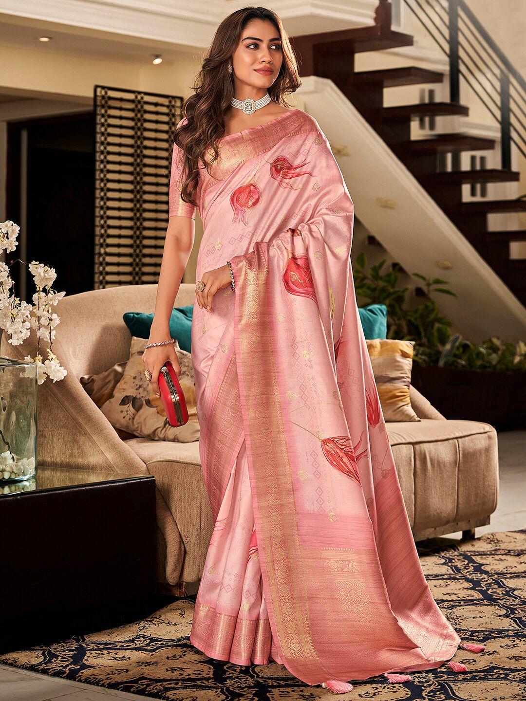 satrani peach-coloured & gold-toned floral printed zari silk cotton jacquard saree