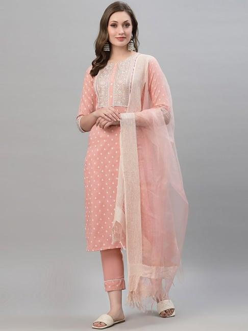 satrani peach embroidered kurta pant set with dupatta